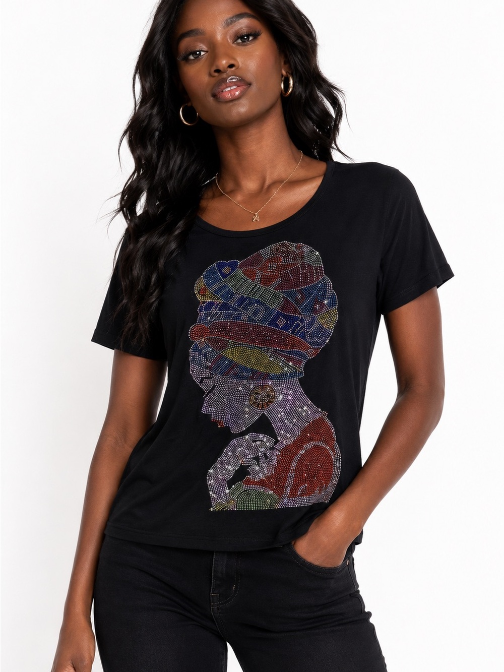 Rhinestone Afrocentric Graphic Tee Glam Y2K Stretchy Black Top One Size